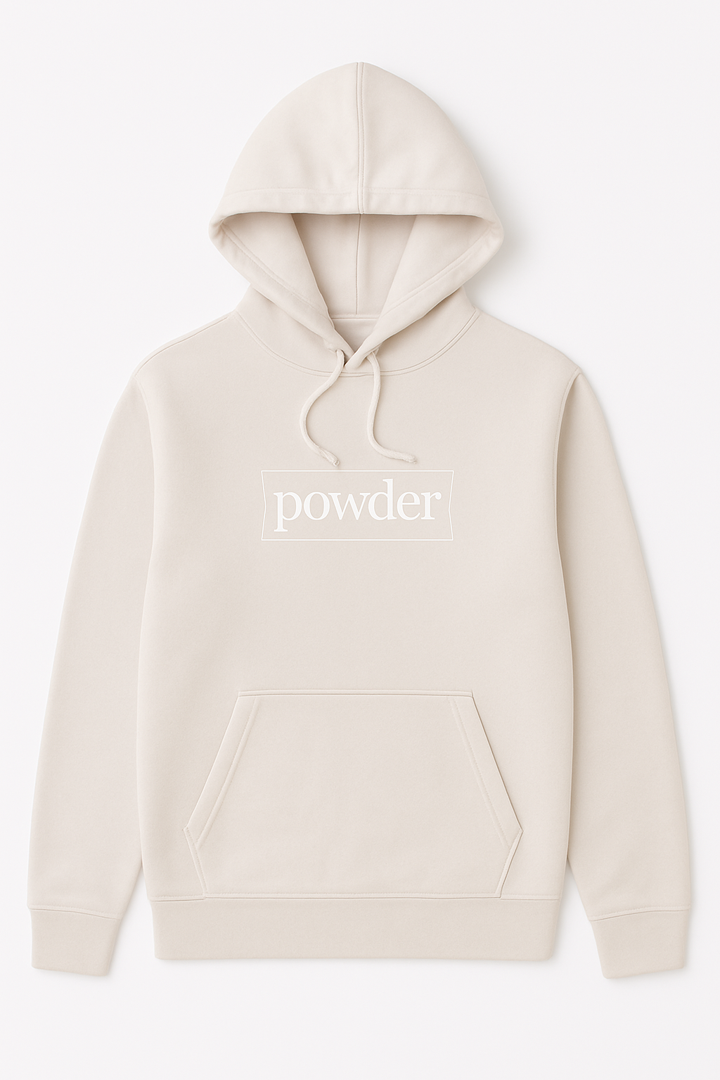 Flat lay of cream hoodie from PowderLA - premium cotton, minimalist design