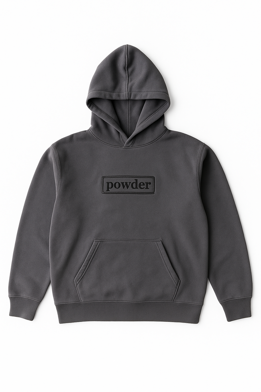Charcoal Hoodie with black powder logo front - flat lay
