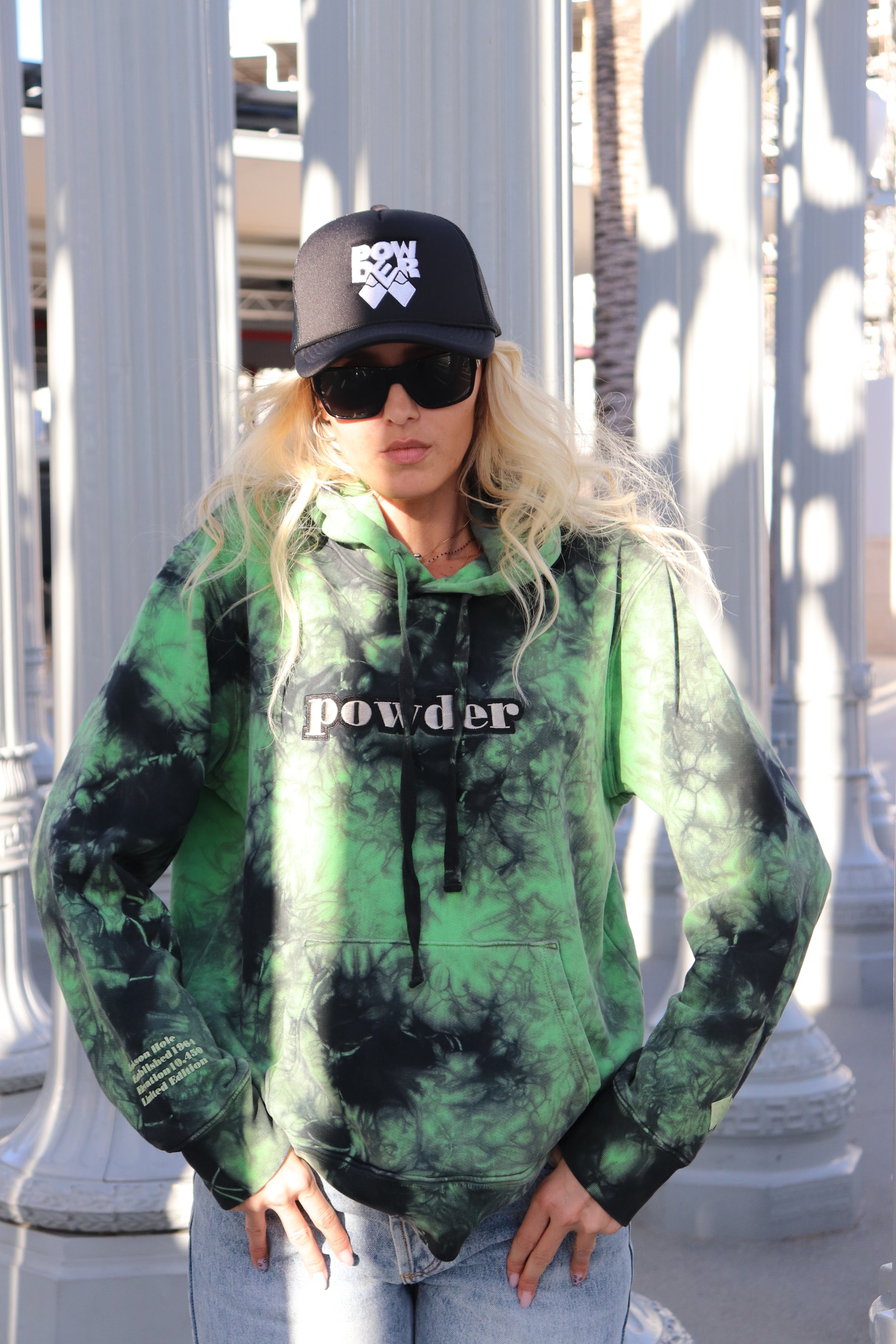 Model outside in a Tie Dye Green & Black PowderLA hoodie