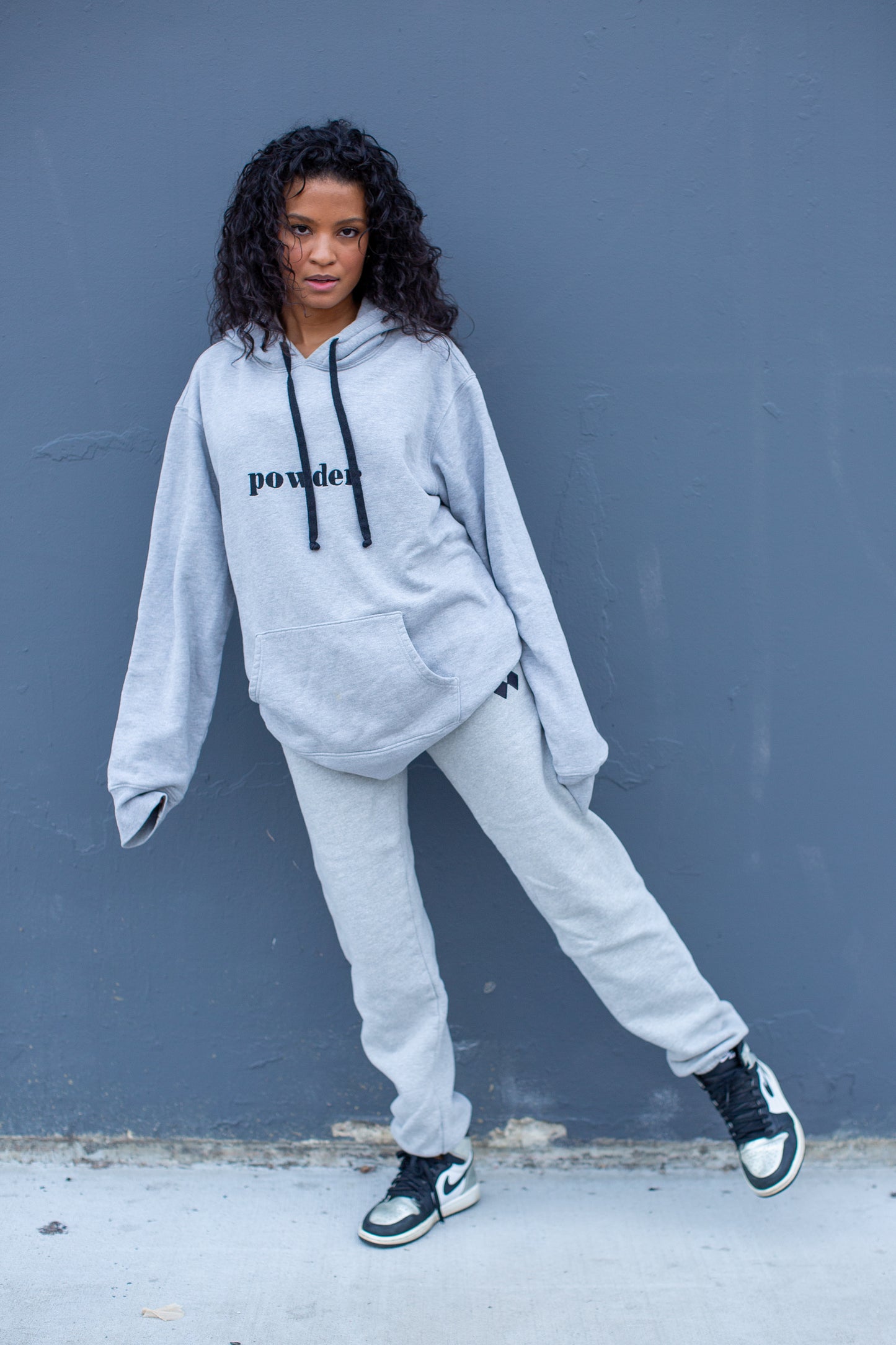 Front view of Heather Grey sweatpants by PowderLA