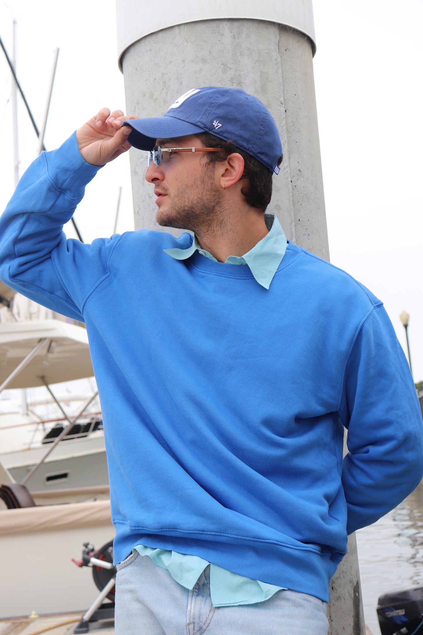 PowderLA Ocean Blue crewneck close-up