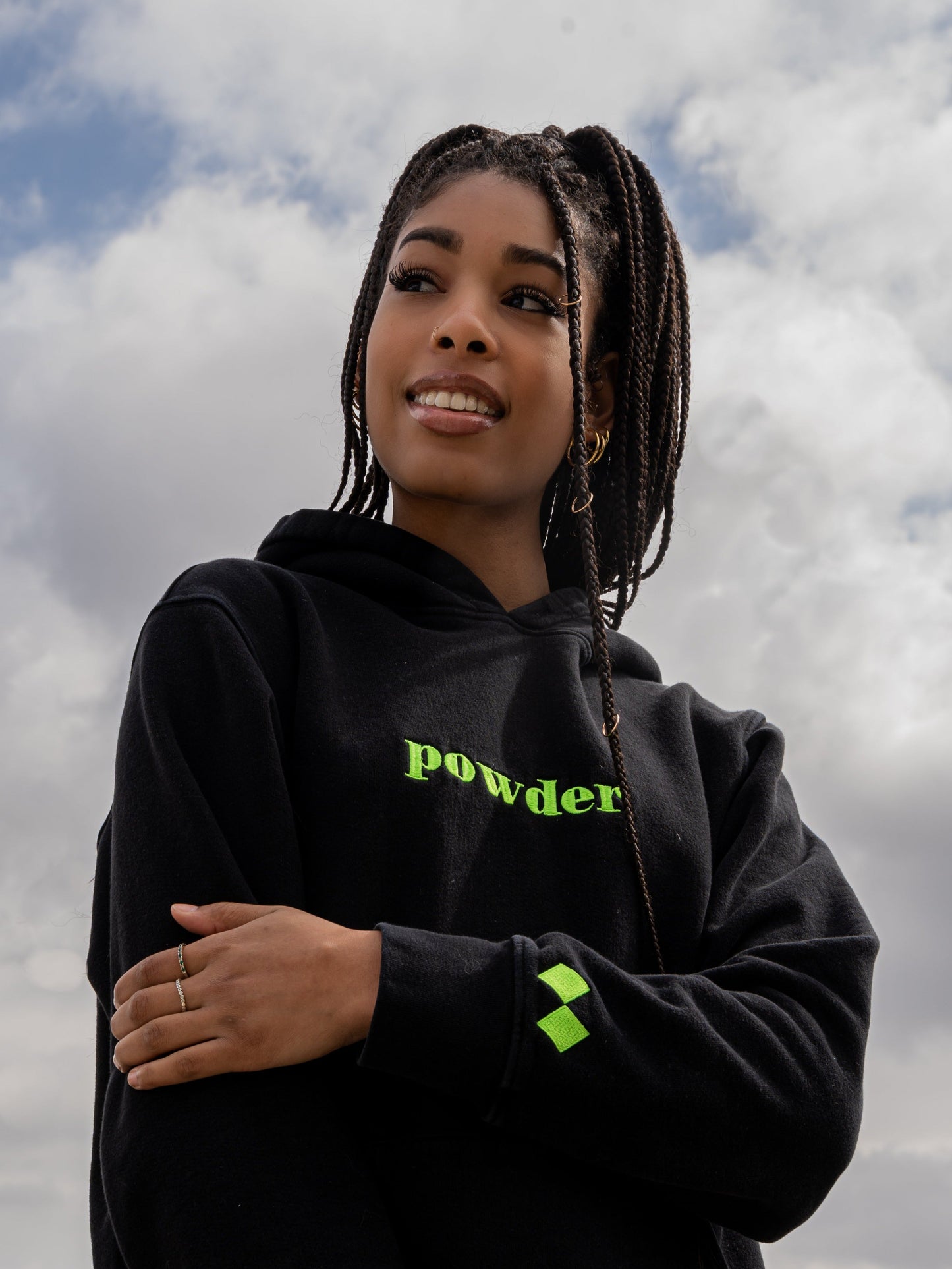 Model in Jet Black and Neon Green Hoodie - PowderLA