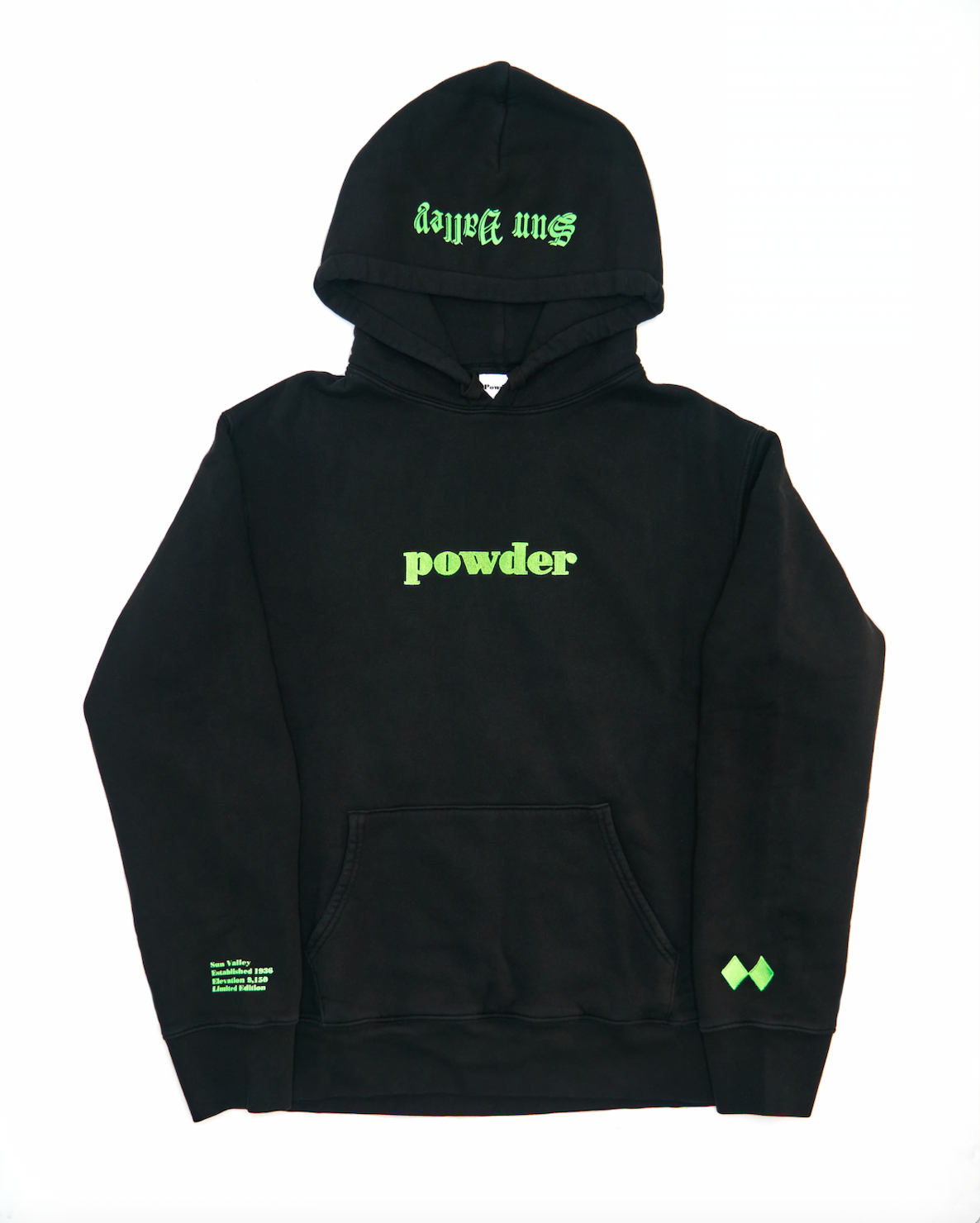 Jet Black Neon Green Hoodie flat lay - Sun Valley