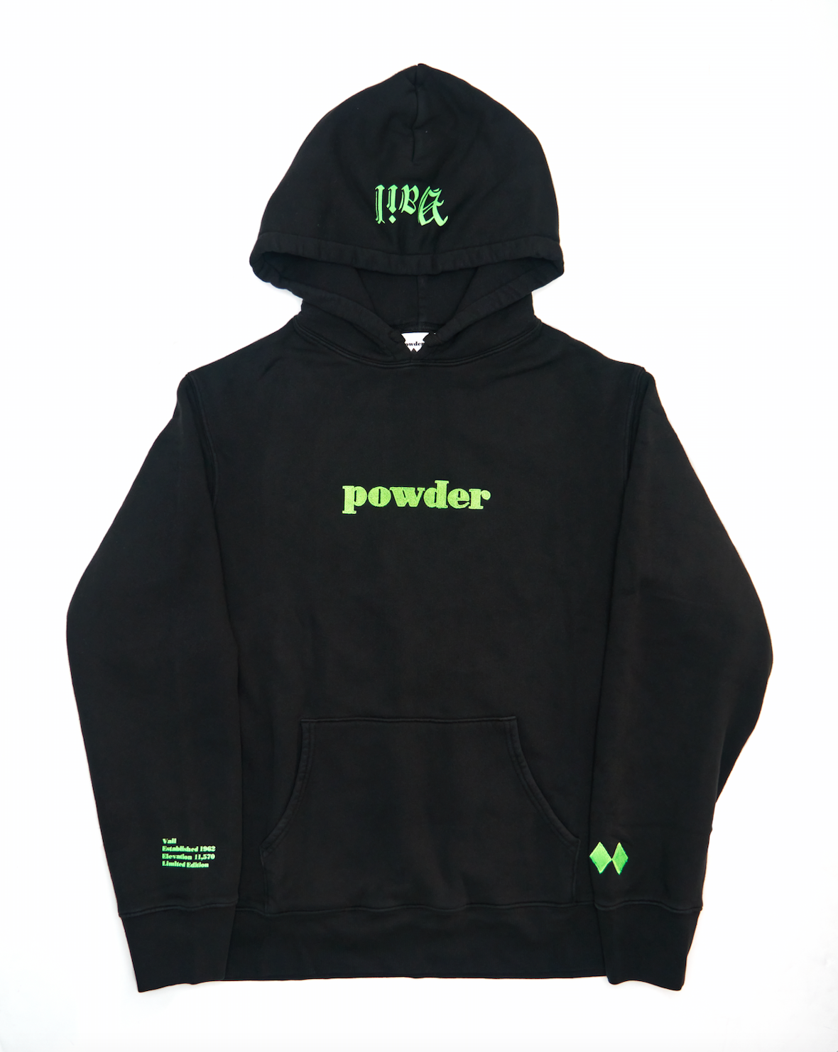 Jet Black & Neon Green Hoodie Vail flat lay